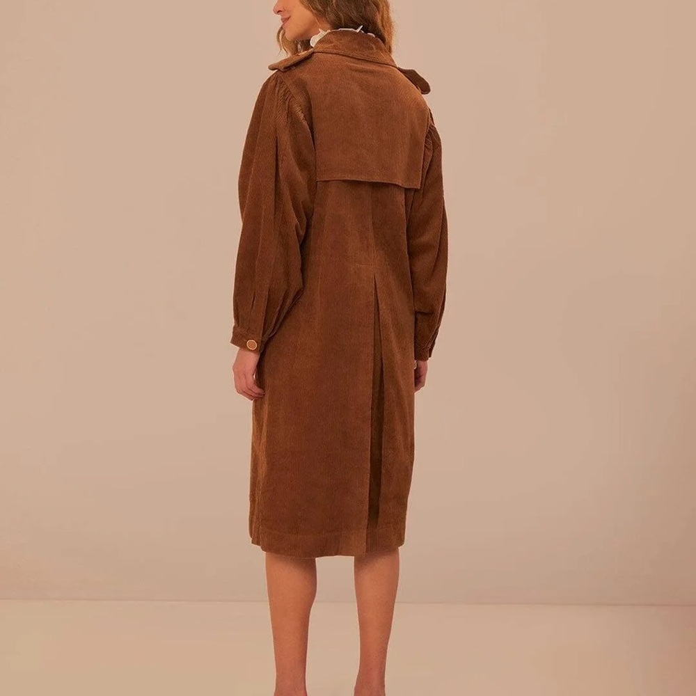 FARM Rio Brown Corduroy Double-Breasted Trench Coat - Picture 2 of 4